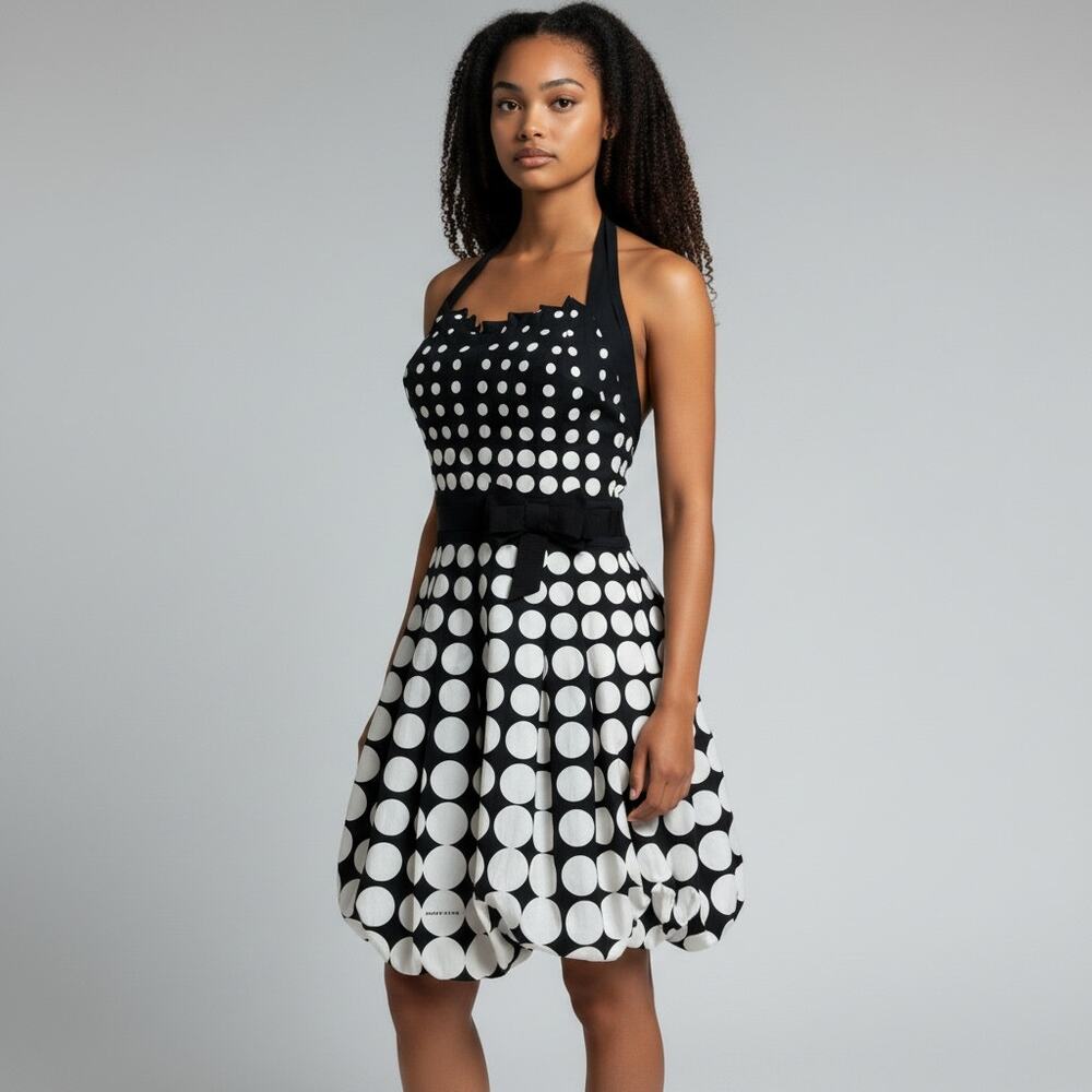 Karen Millen Black White Polka Dot Halter Bubble Hem Dress Bow Waist US 4 UK 8